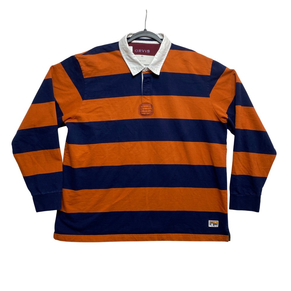 Orvis Rugby Shirt Mens XL Navy Orange Striped Long Sleeve Heavyweight Cotton